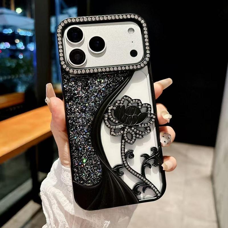 Compatible with iPhone 18 Pro Max Electroplated TPU Lotus Hollow-carved Rhinestone Glitter Phone Case - Black