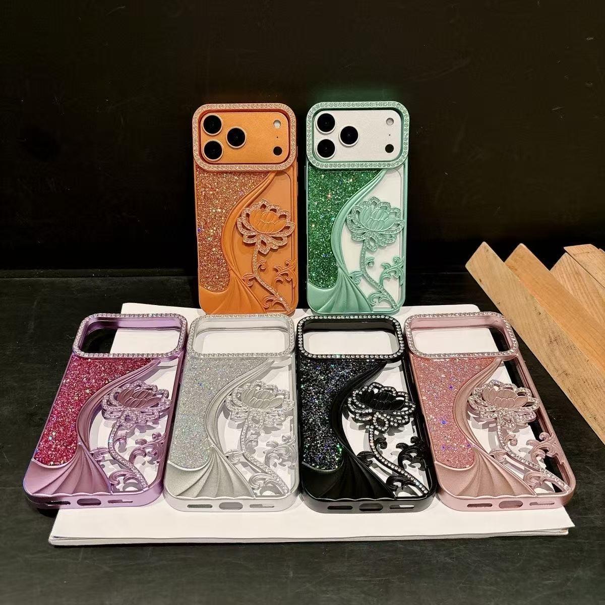 Compatible with iPhone 18 Pro Max Electroplated TPU Lotus Hollow-carved Rhinestone Glitter Phone Case - Green