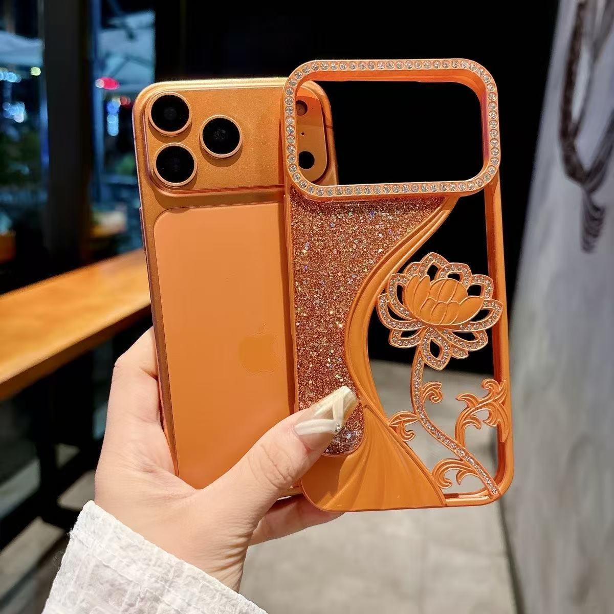 Compatible with iPhone 18 Pro Max Electroplated TPU Lotus Hollow-carved Rhinestone Glitter Phone Case - Green