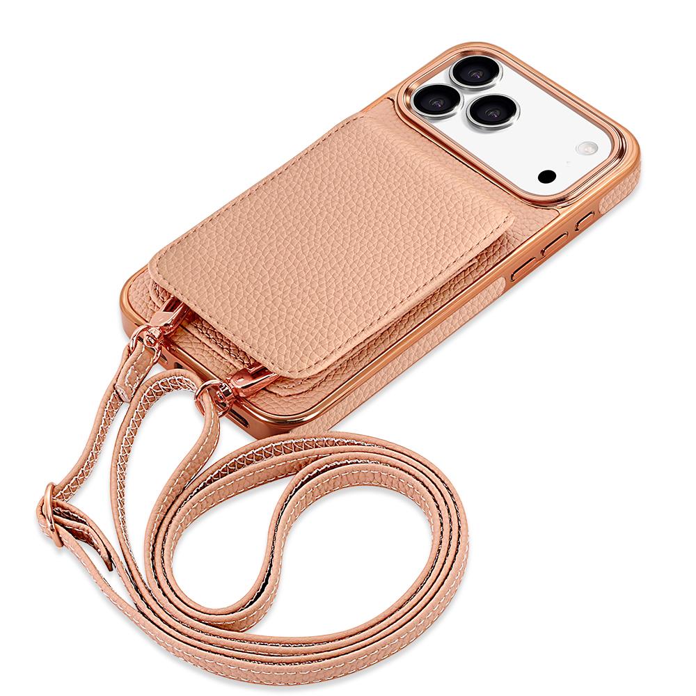 Compatible with iPhone 18 Pro Max VIETAO Litchi Texture Wallet PU Phone Case with Lanyard - Pink