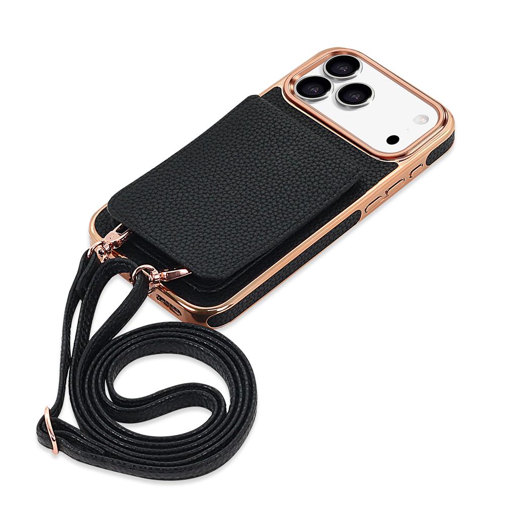 Compatible with iPhone 18 Pro Max VIETAO Litchi Texture Wallet PU Phone Case with Lanyard - Black