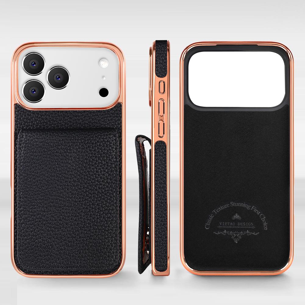 Compatible with iPhone 18 Pro Max VIETAO Litchi Texture Wallet PU Phone Case with Lanyard - Black