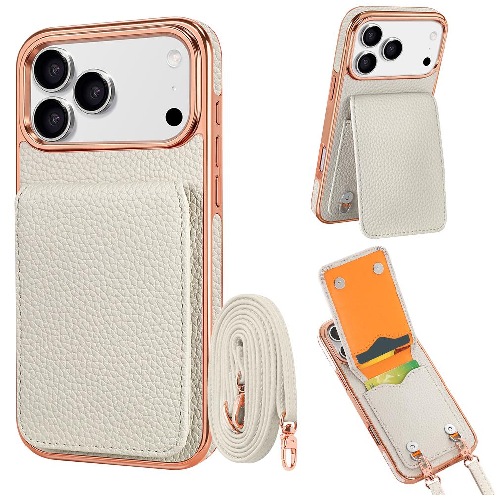 Compatible with iPhone 18 Pro Max VIETAO Litchi Texture Wallet PU Phone Case with Lanyard - White