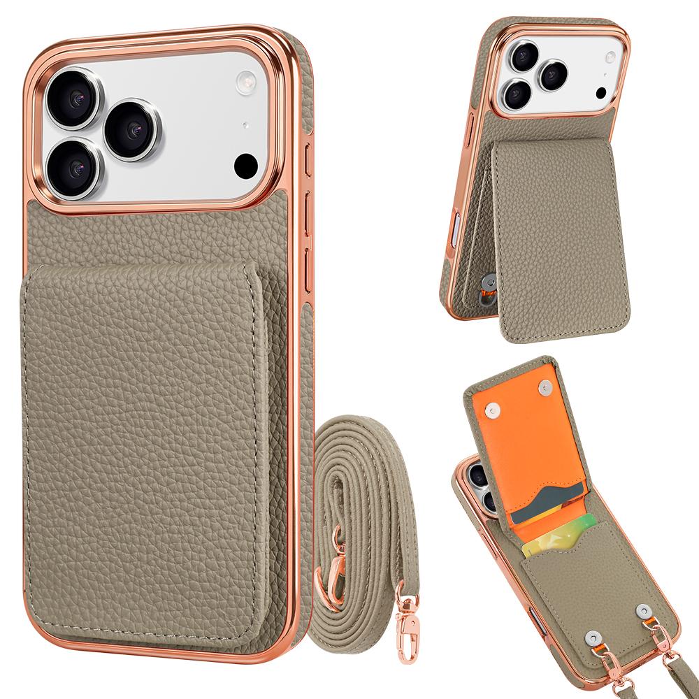 Compatible with iPhone 18 Pro Max VIETAO Litchi Texture Wallet PU Phone Case with Lanyard - Grey