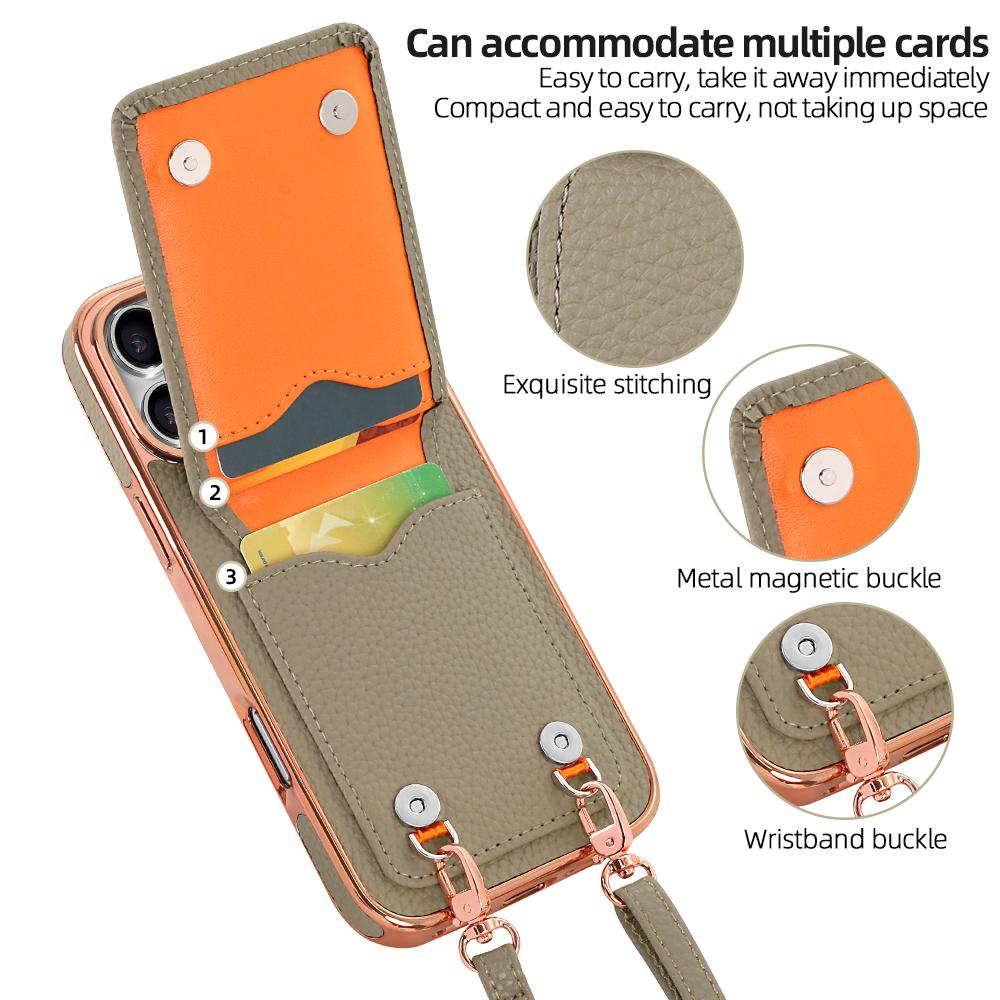 Compatible with iPhone 18 Pro Max VIETAO Litchi Texture Wallet PU Phone Case with Lanyard - Grey