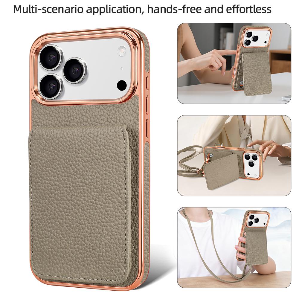 Compatible with iPhone 18 Pro Max VIETAO Litchi Texture Wallet PU Phone Case with Lanyard - Grey