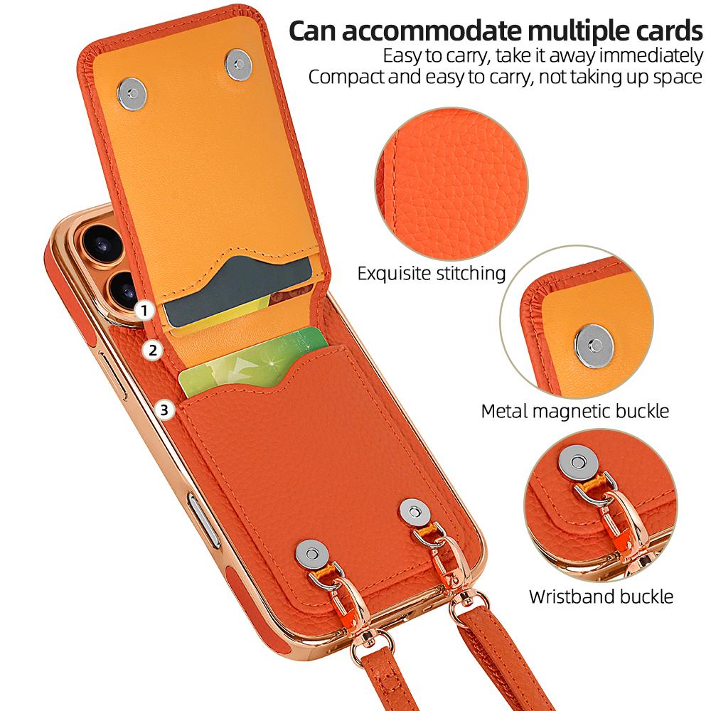 Compatible with iPhone 18 Pro Max VIETAO Litchi Texture Wallet PU Phone Case with Lanyard - Orange