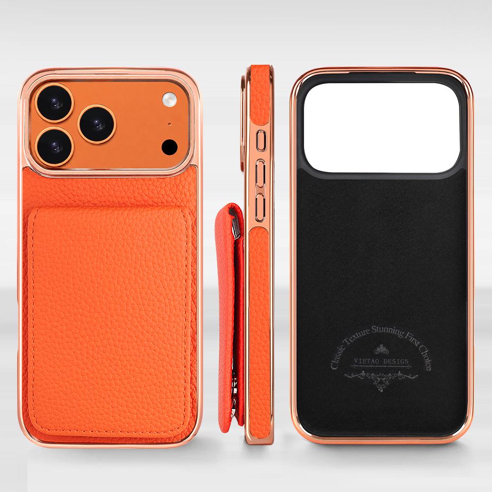 Compatible with iPhone 18 Pro Max VIETAO Litchi Texture Wallet PU Phone Case with Lanyard - Orange