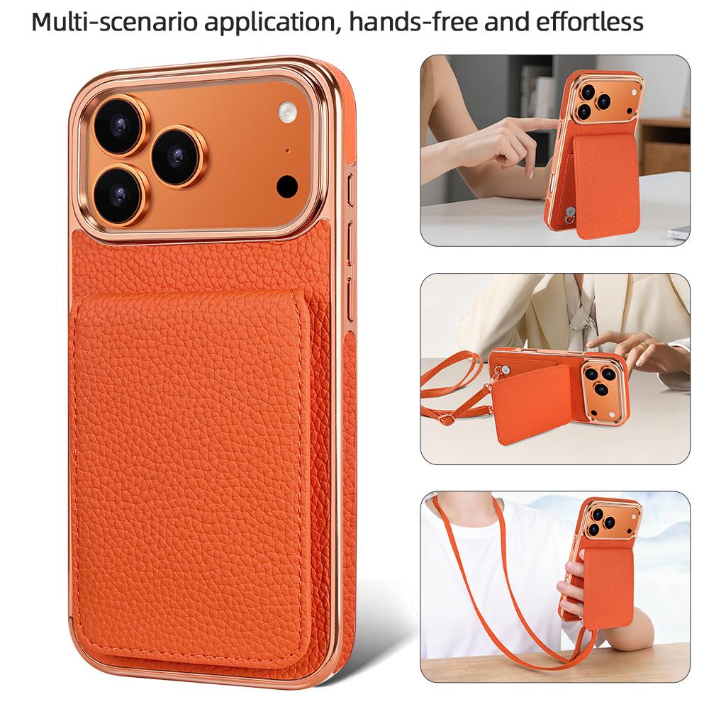 Compatible with iPhone 18 Pro Max VIETAO Litchi Texture Wallet PU Phone Case with Lanyard - Orange