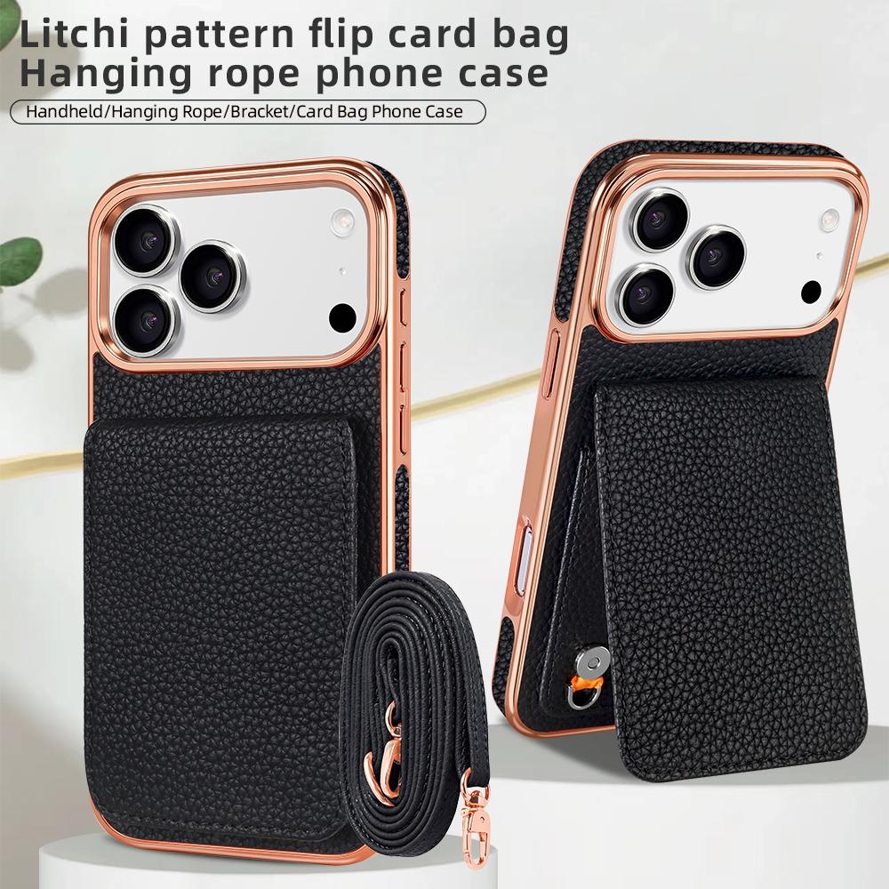 Compatible with iPhone 18 Pro VIETAO Litchi Texture Wallet PU Phone Case with Lanyard - Black