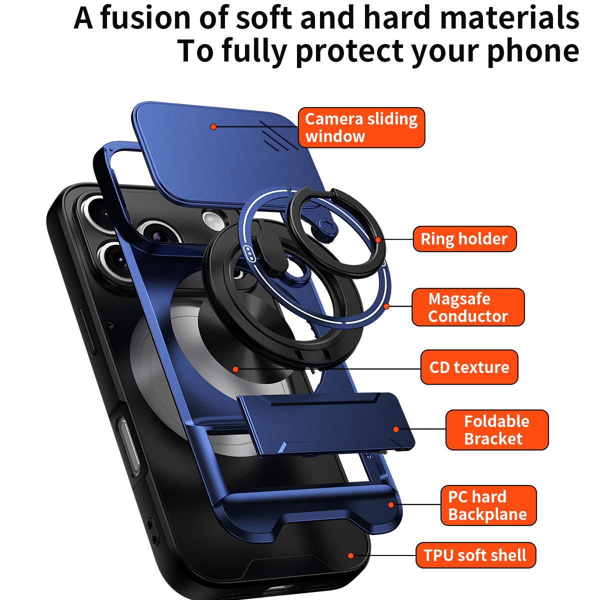 Compatible with iPhone 18 Pro Max Lens Sliding Window Multifunctional Magnetic Shockproof Phone Case - Royal Blue
