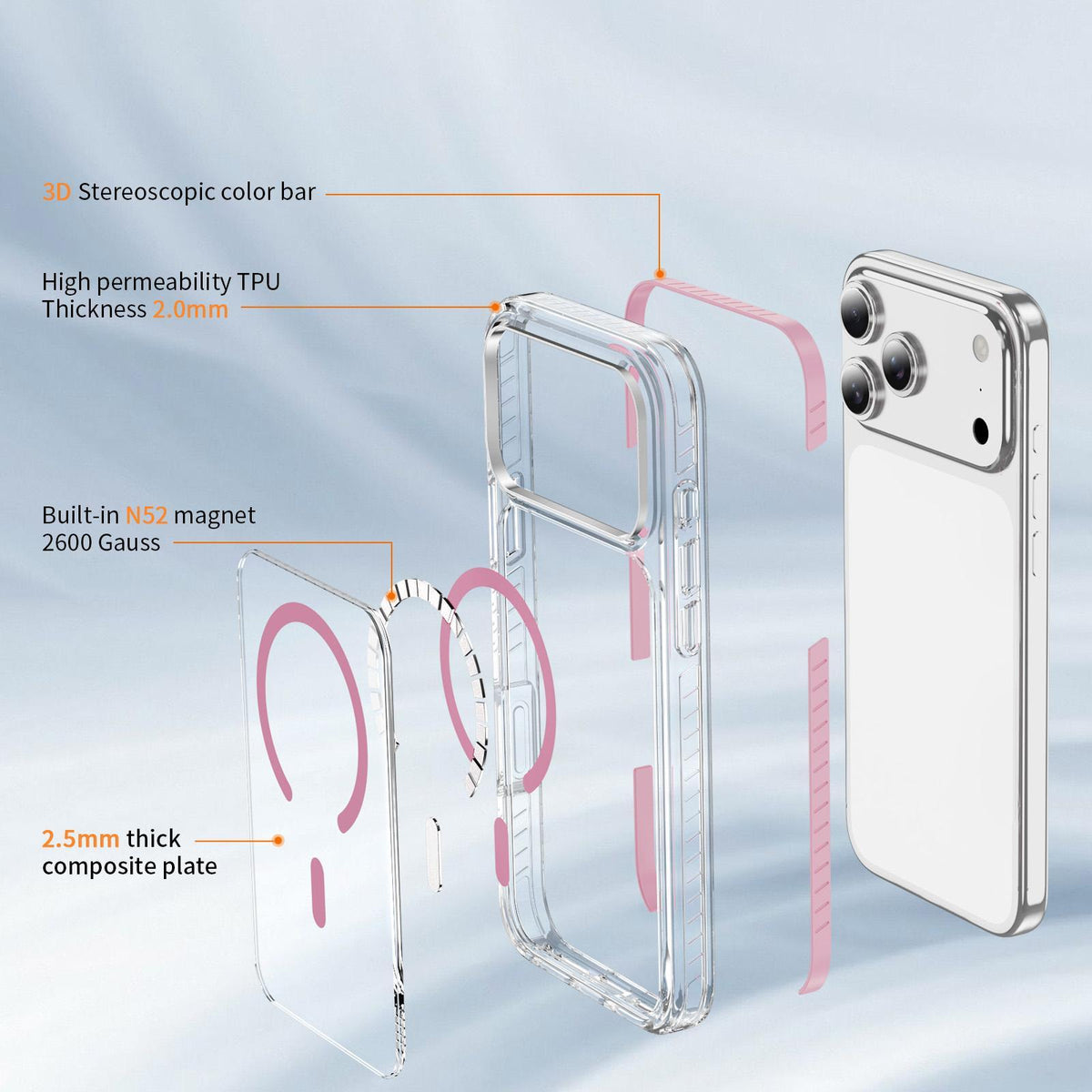 Compatible with iPhone 18 Pro Max Crystal Shield Clear Magnetic Acrylic Dual-Layer TPU Phone Case - Pink