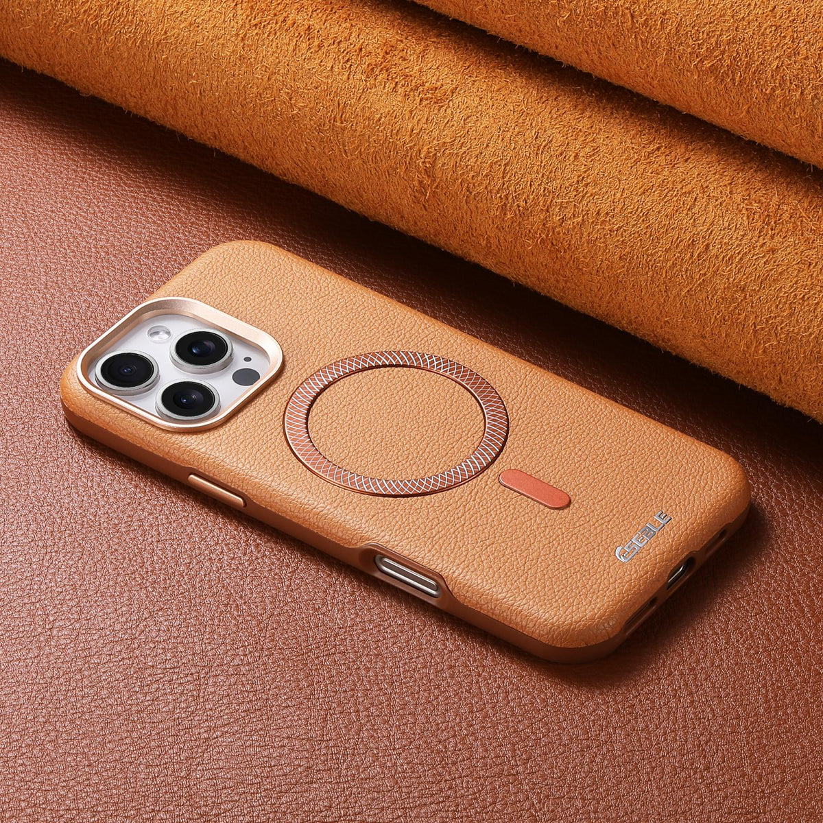 Compatible with iPhone 18 Pro & 17 Pro ESEBLE L2 Litchi Texture Metal Lens Magnetic Phone Case - Brown