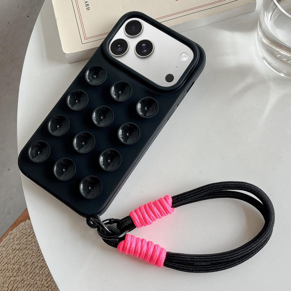 Compatible with iPhone 18 Pro Max & 17 Pro Max Simple Suction Cup Silicone Phone Case with Lanyard - Black