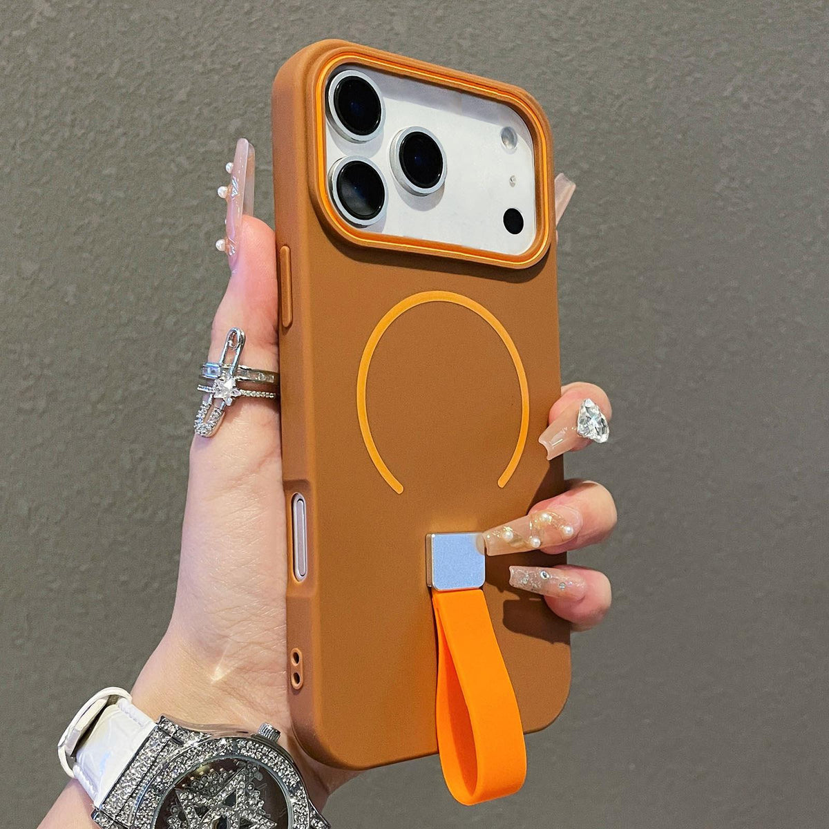 Compatible with iPhone 18 Pro Max Skin-feel Magnetic TPU Phone Case with Silicone Strap - Brown