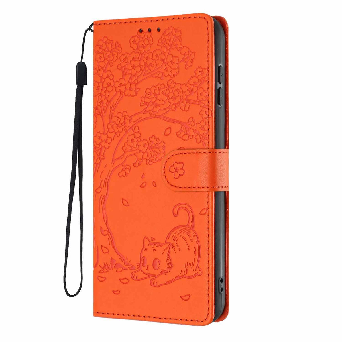 Compatible with iPhone 18 Pro Max Tree Cat Embossed Flip Vegan Leather Phone Case - Orange