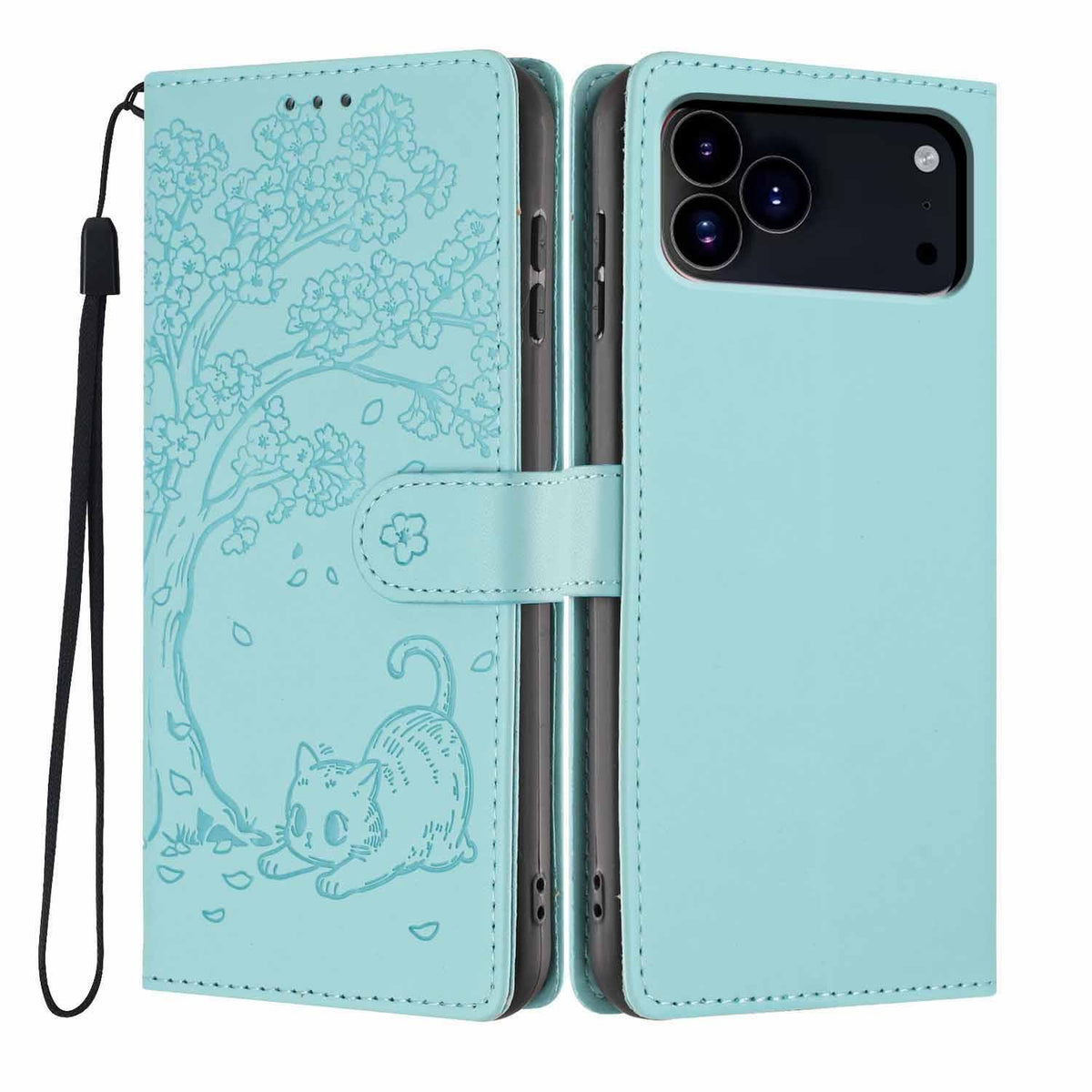 Compatible with iPhone 18 Pro Max Tree Cat Embossed Flip Vegan Leather Phone Case - Light Green