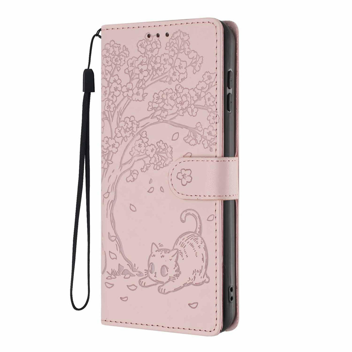 Compatible with iPhone 18 Pro Max Tree Cat Embossed Flip Vegan Leather Phone Case - Rose Gold