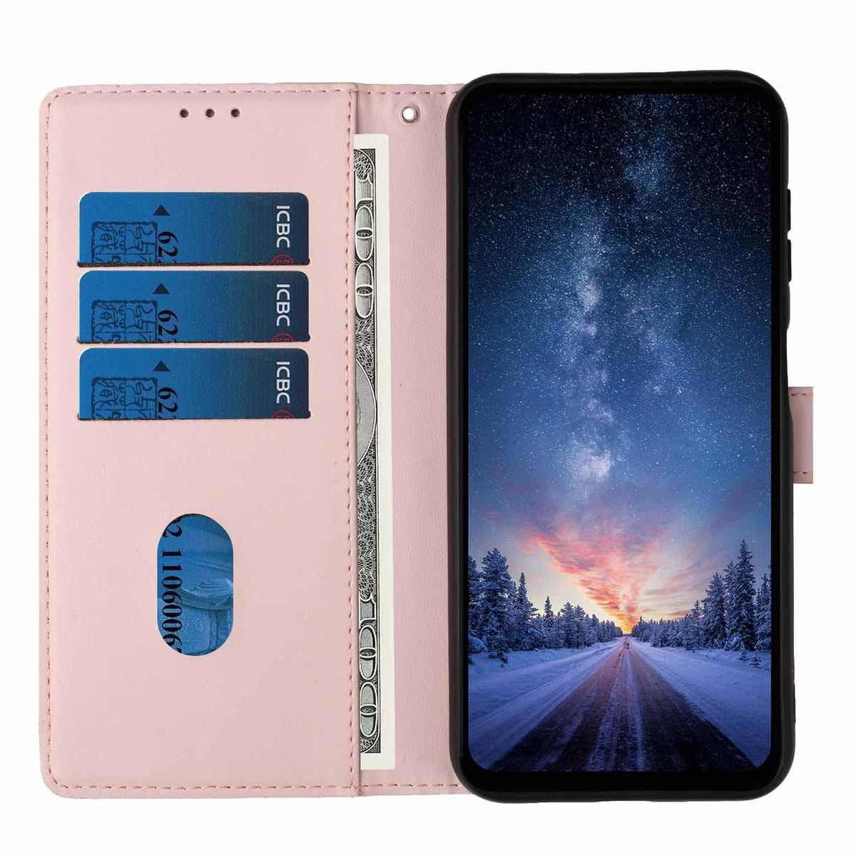 Compatible with iPhone 18 Pro Max Tree Cat Embossed Flip Vegan Leather Phone Case - Rose Gold