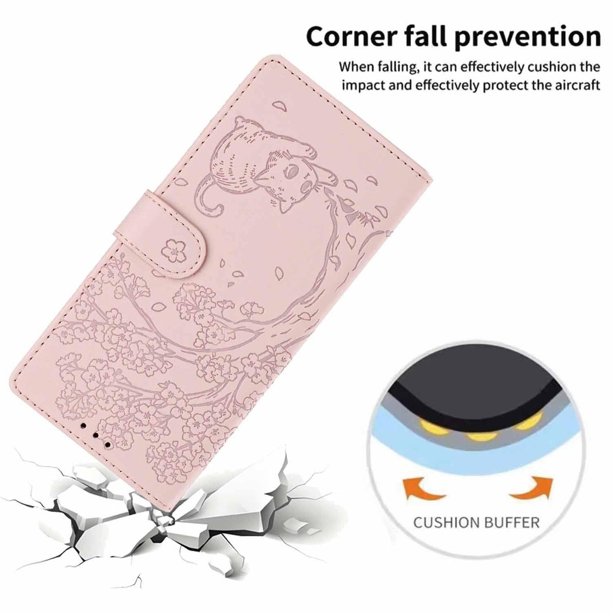 Compatible with iPhone 18 Pro Max Tree Cat Embossed Flip Vegan Leather Phone Case - Rose Gold
