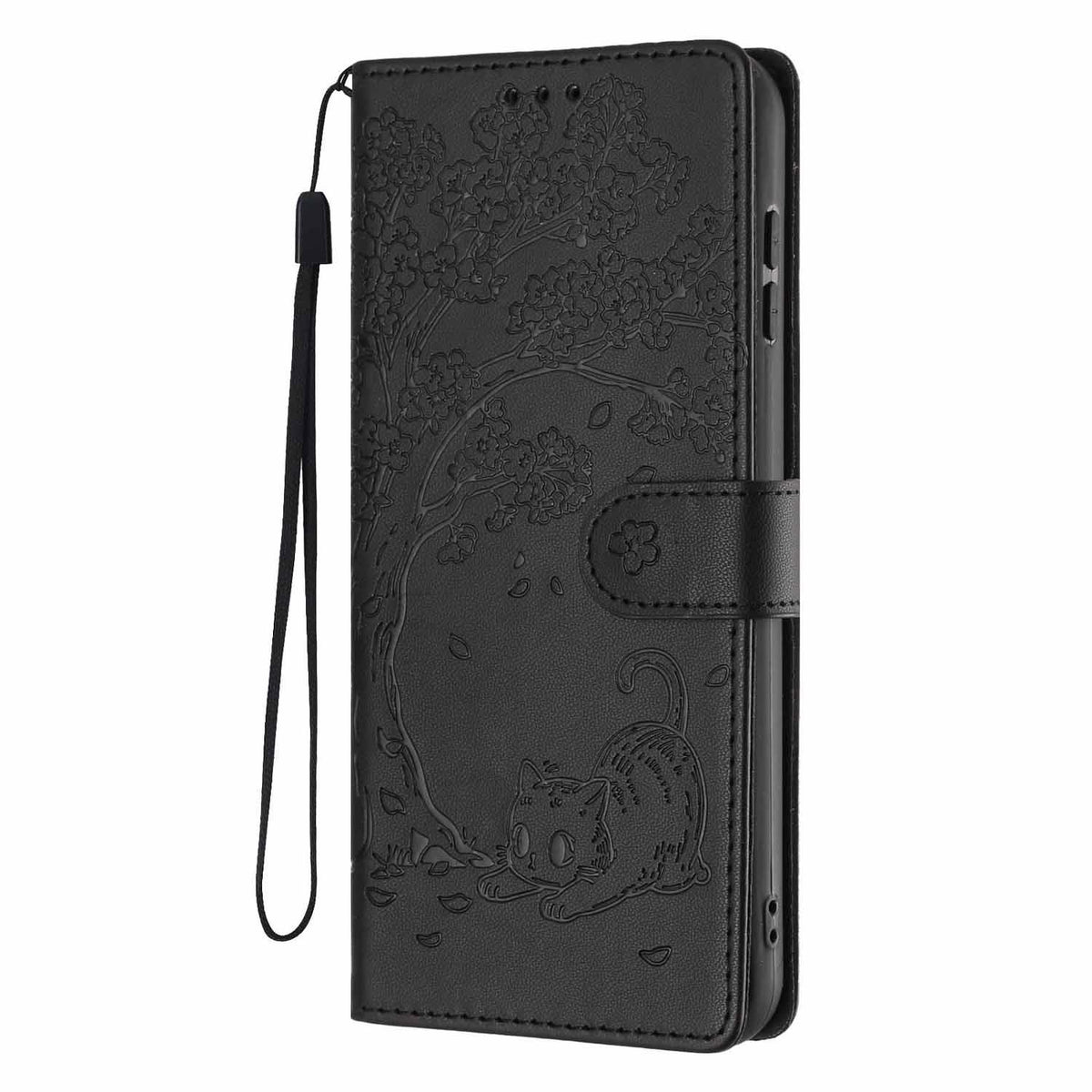 Compatible with iPhone 18 Pro Max Tree Cat Embossed Flip Vegan Leather Phone Case - Black