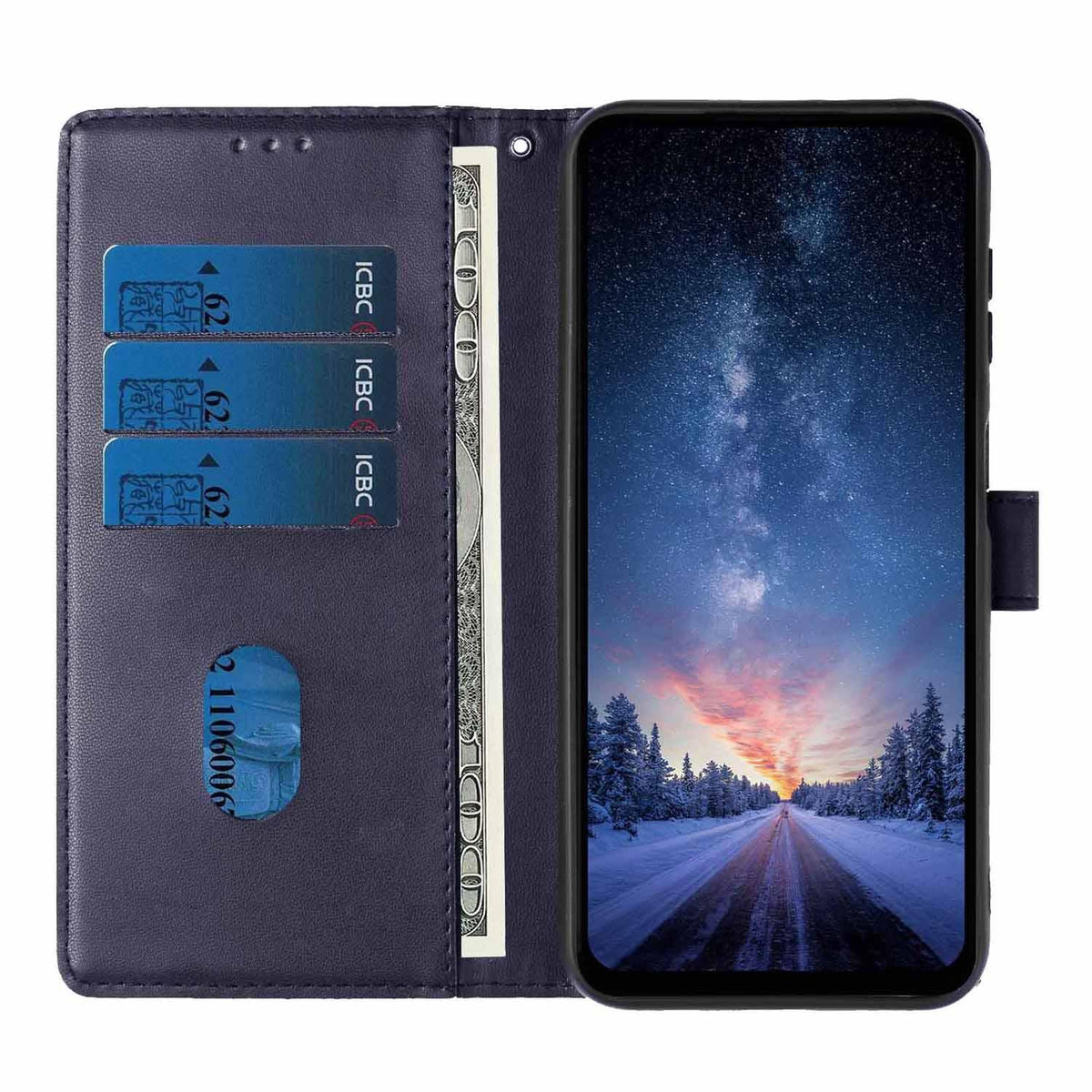 Compatible with iPhone 18 Pro Max Tree Cat Embossed Flip Vegan Leather Phone Case - Dark Blue
