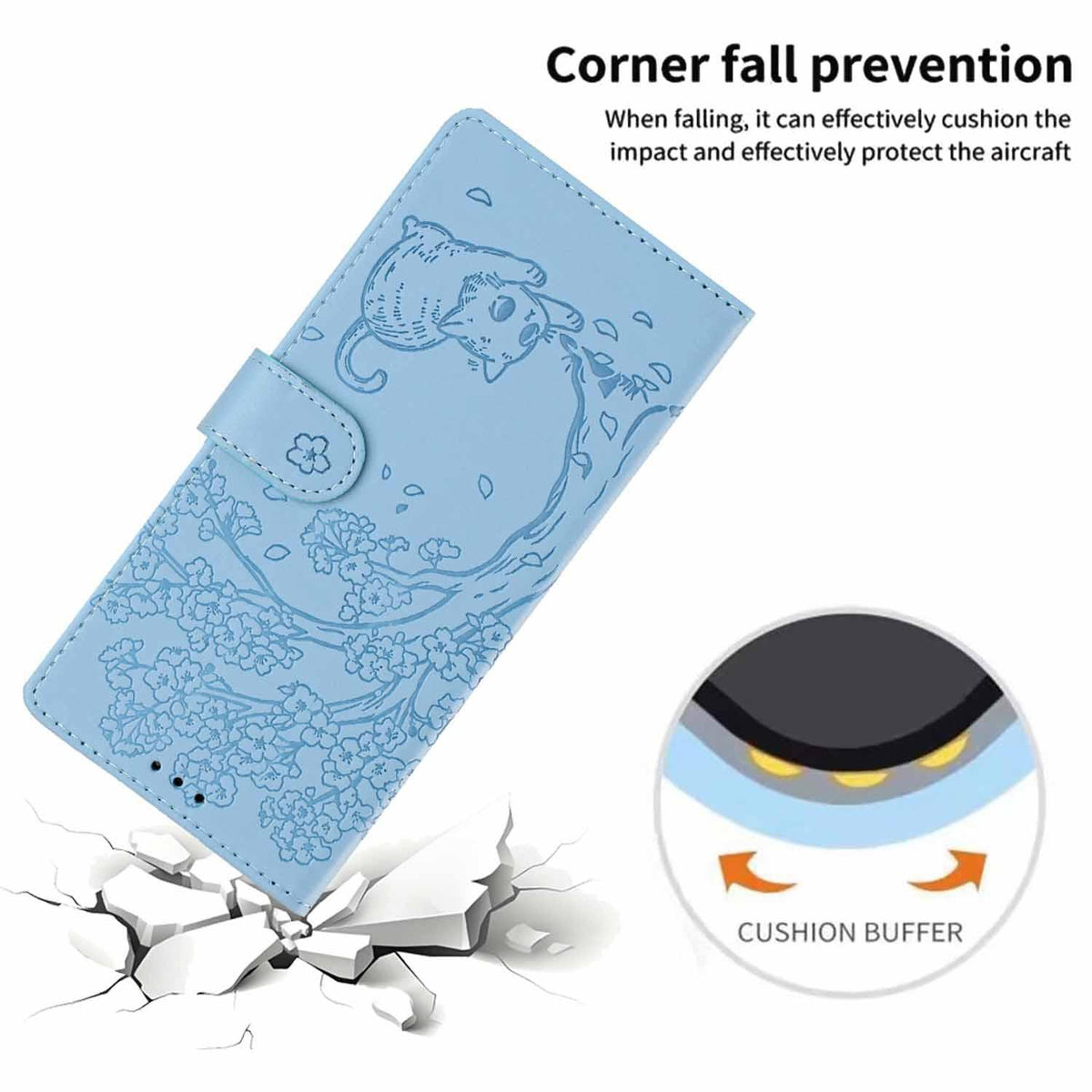 Compatible with iPhone 18 Pro Max Tree Cat Embossed Flip Vegan Leather Phone Case - Sky Blue