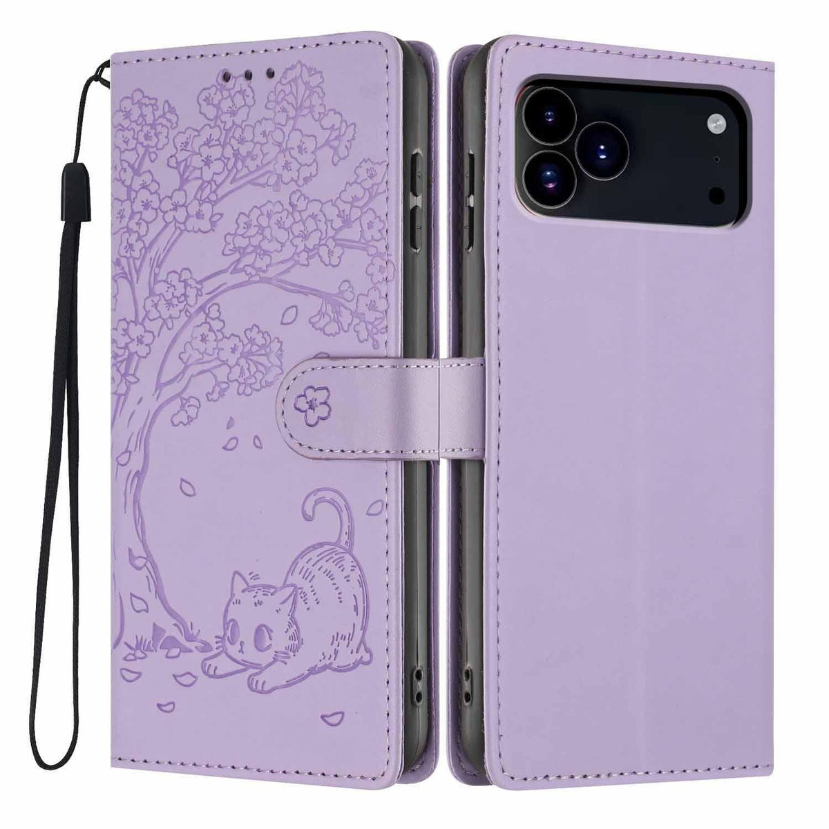 Compatible with iPhone 18 Pro Max Tree Cat Embossed Flip Vegan Leather Phone Case - Purple