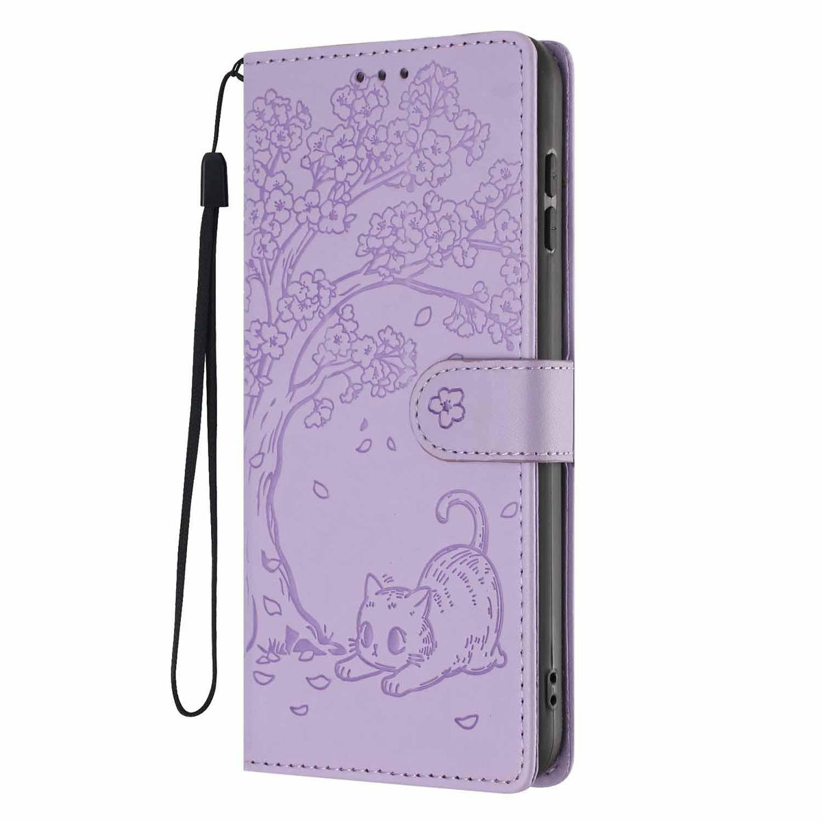 Compatible with iPhone 18 Pro Max Tree Cat Embossed Flip Vegan Leather Phone Case - Purple