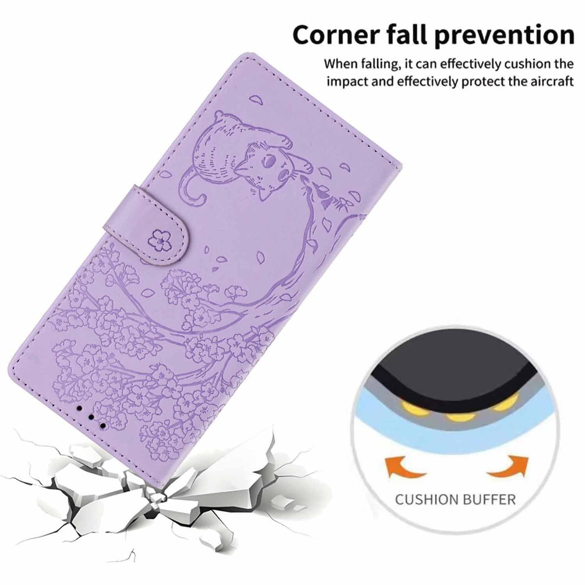 Compatible with iPhone 18 Pro Max Tree Cat Embossed Flip Vegan Leather Phone Case - Purple