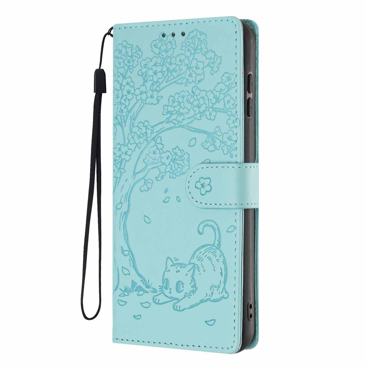 Compatible with iPhone 18 Pro Tree Cat Embossed Flip Vegan Leather Phone Case - Light Green