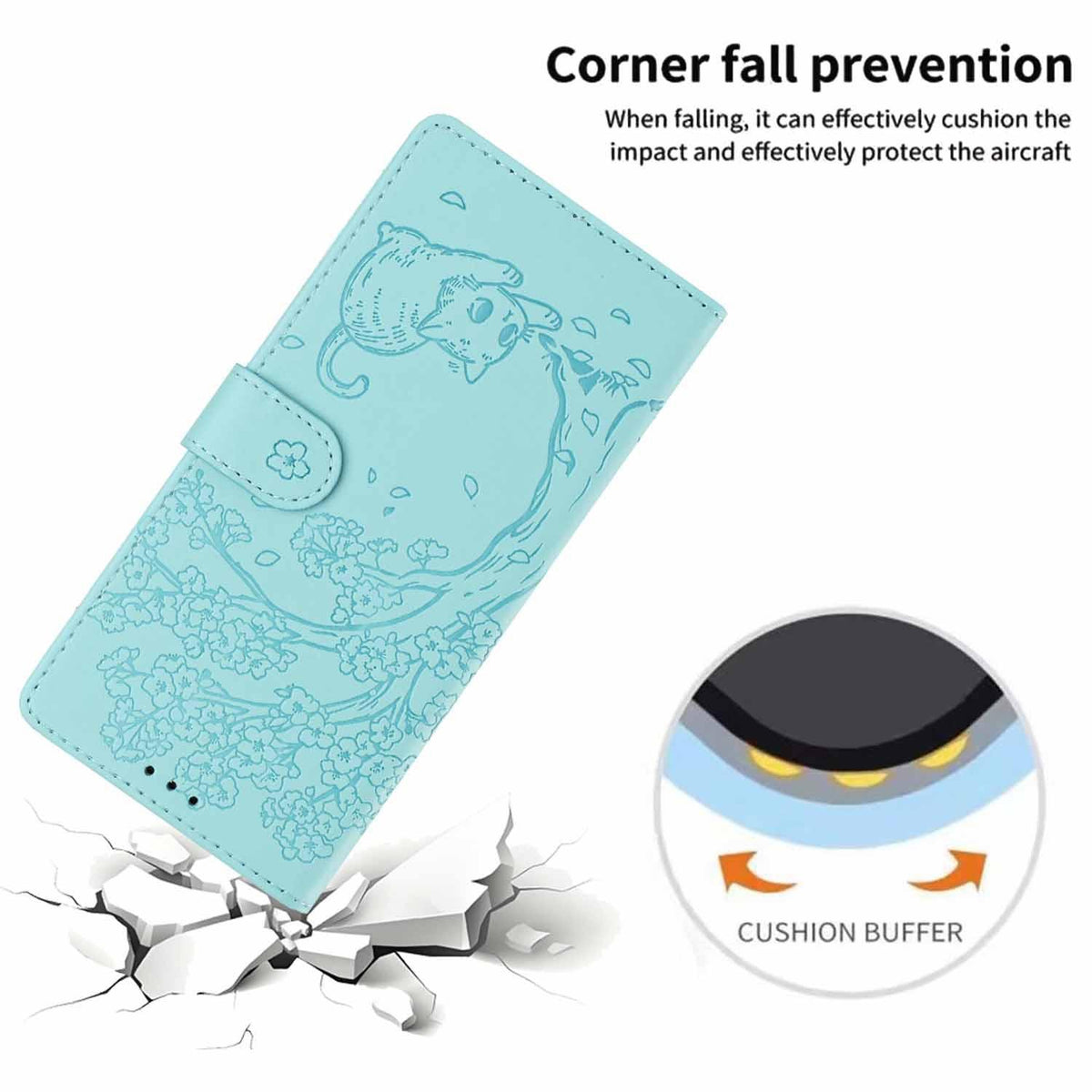 Compatible with iPhone 18 Pro Tree Cat Embossed Flip Vegan Leather Phone Case - Light Green