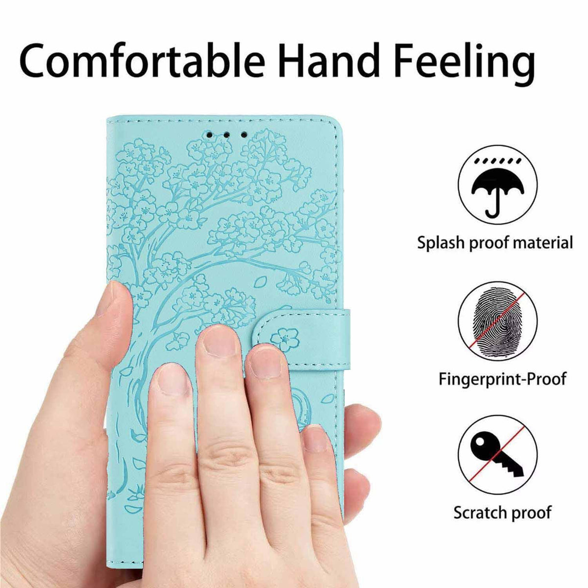 Compatible with iPhone 18 Pro Tree Cat Embossed Flip Vegan Leather Phone Case - Light Green