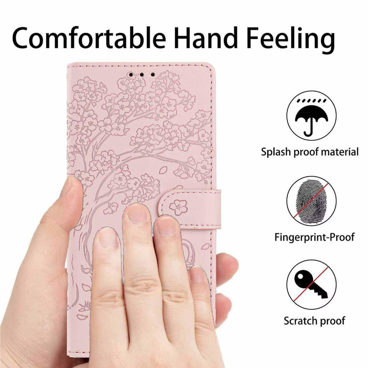 Compatible with iPhone 18 Pro Tree Cat Embossed Flip Vegan Leather Phone Case - Rose Gold