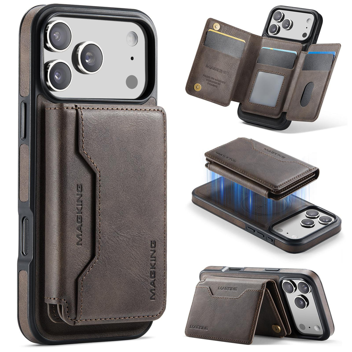Compatible with iPhone 18 Pro Max & 17 Pro Max MAGKING K3 Series MagSafe RFID K3 Pro Card Bag Detachable Phone Case - Coffee