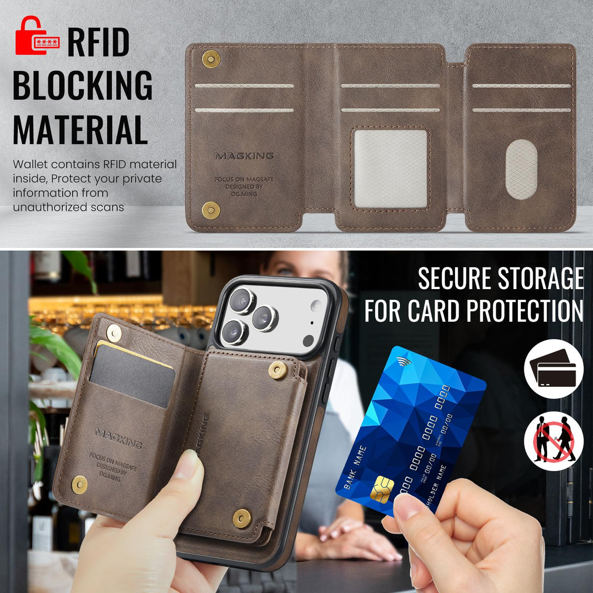 Compatible with iPhone 18 Pro Max & 17 Pro Max MAGKING K3 Series MagSafe RFID K3 Pro Card Bag Detachable Phone Case - Coffee
