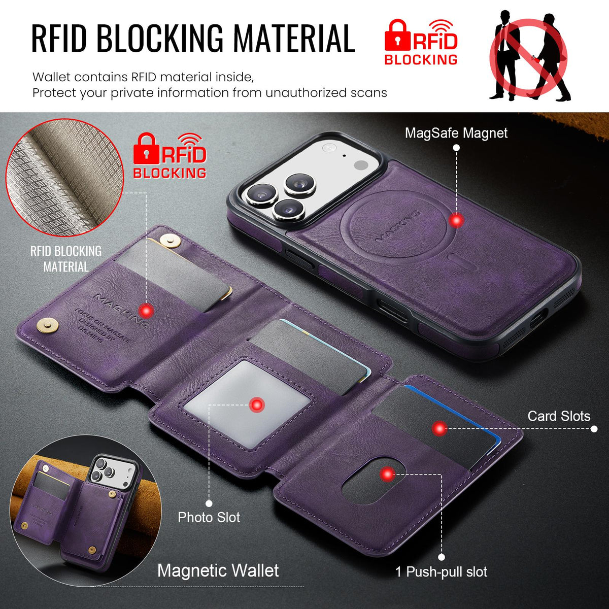 Compatible with iPhone 18 Pro Max & 17 Pro Max MAGKING K3 Series MagSafe RFID K3 Pro Card Bag Detachable Phone Case - Purple