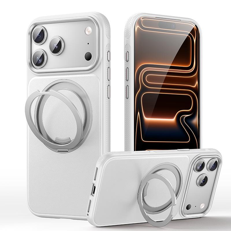 Compatible with iPhone 18 Pro Max Leather Texture 360 Degrees Rotating Magnetic Holder Phone Case - Silver