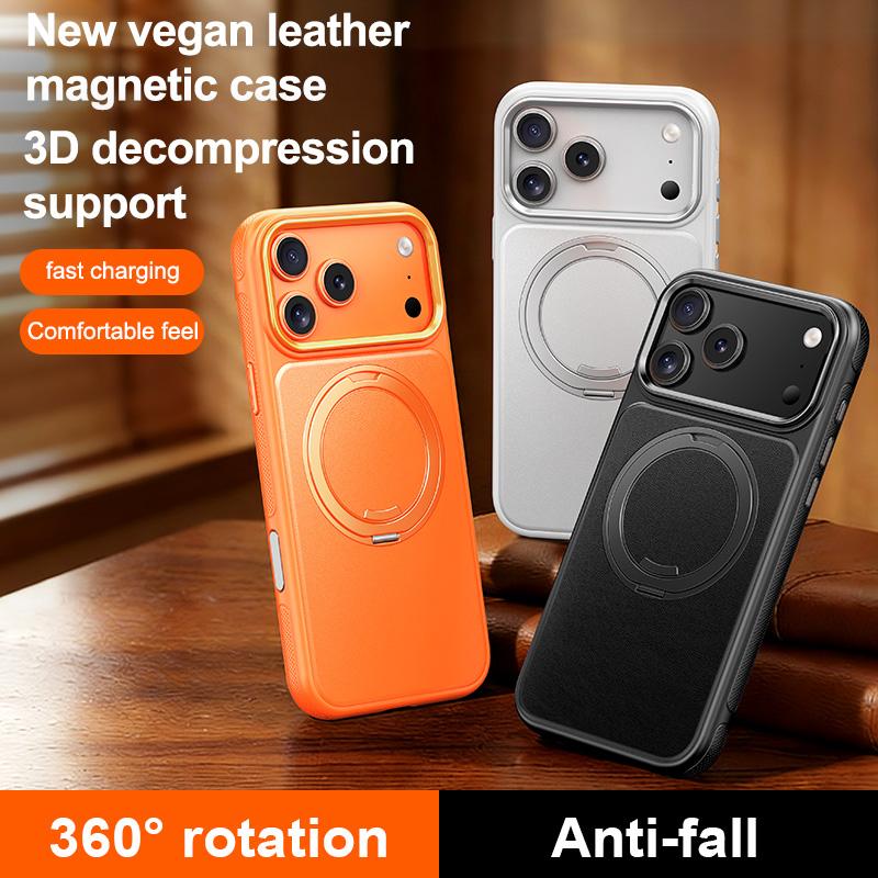 Compatible with iPhone 18 Pro Max Leather Texture 360 Degrees Rotating Magnetic Holder Phone Case - Silver