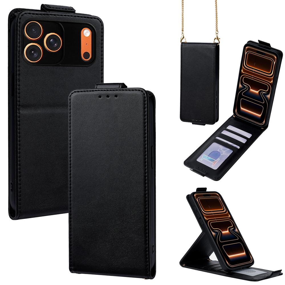 Compatible with iPhone 18 Pro Max & 17 Pro Max Vertical Flip Cover Solid Color Vegan Leather Phone Case with Crossbody Chain - Black