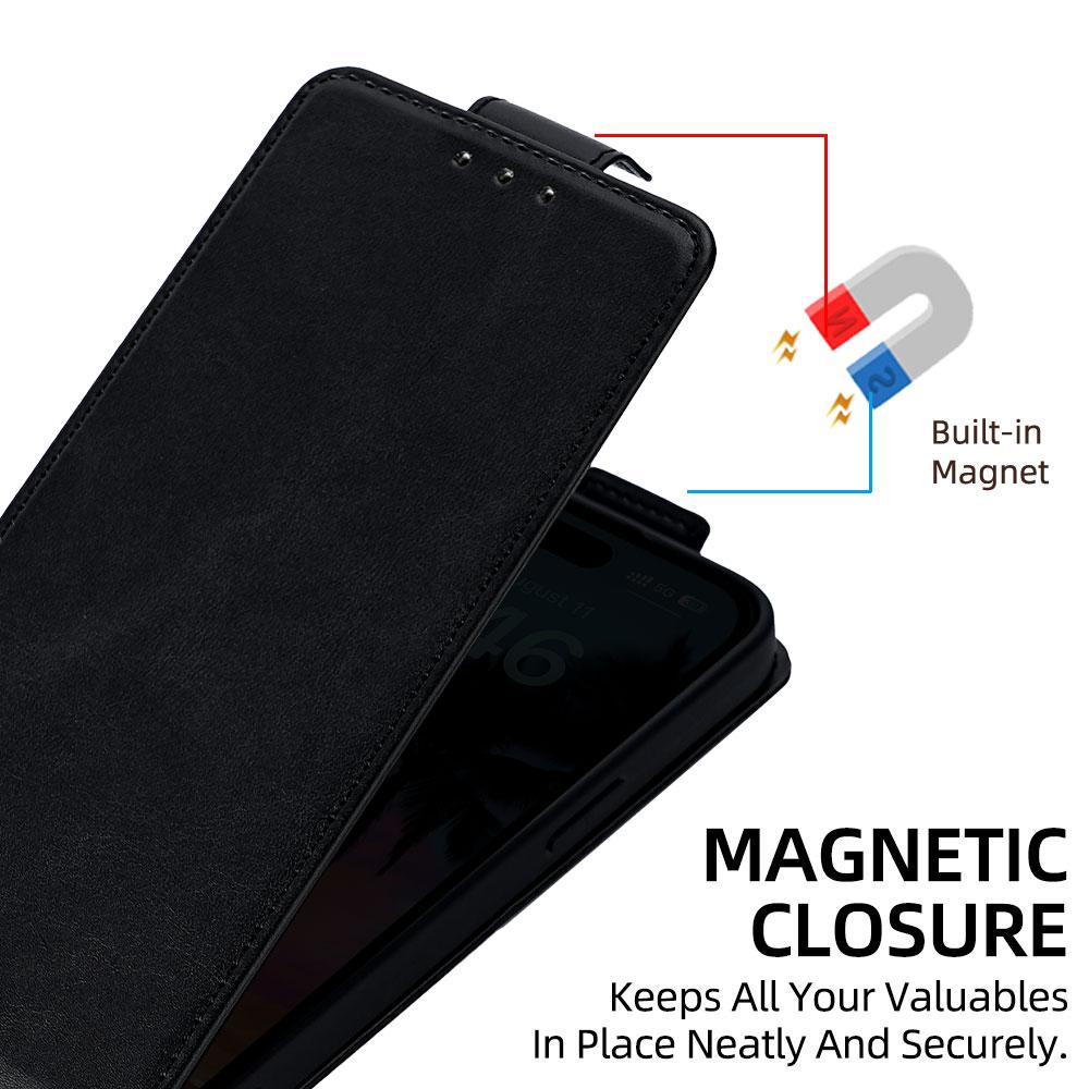 Compatible with iPhone 18 Pro Max & 17 Pro Max Vertical Flip Cover Solid Color Vegan Leather Phone Case with Crossbody Chain - Black