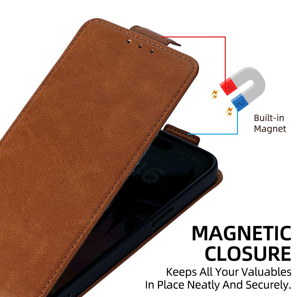 Compatible with iPhone 18 Pro Max & 17 Pro Max Vertical Flip Cover Solid Color Vegan Leather Phone Case with Crossbody Chain - Brown