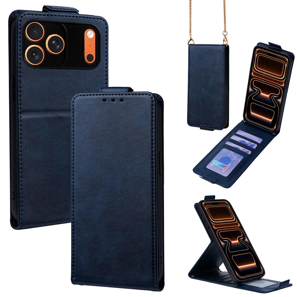 Compatible with iPhone 18 Pro Max & 17 Pro Max Vertical Flip Cover Solid Color Vegan Leather Phone Case with Crossbody Chain - Blue