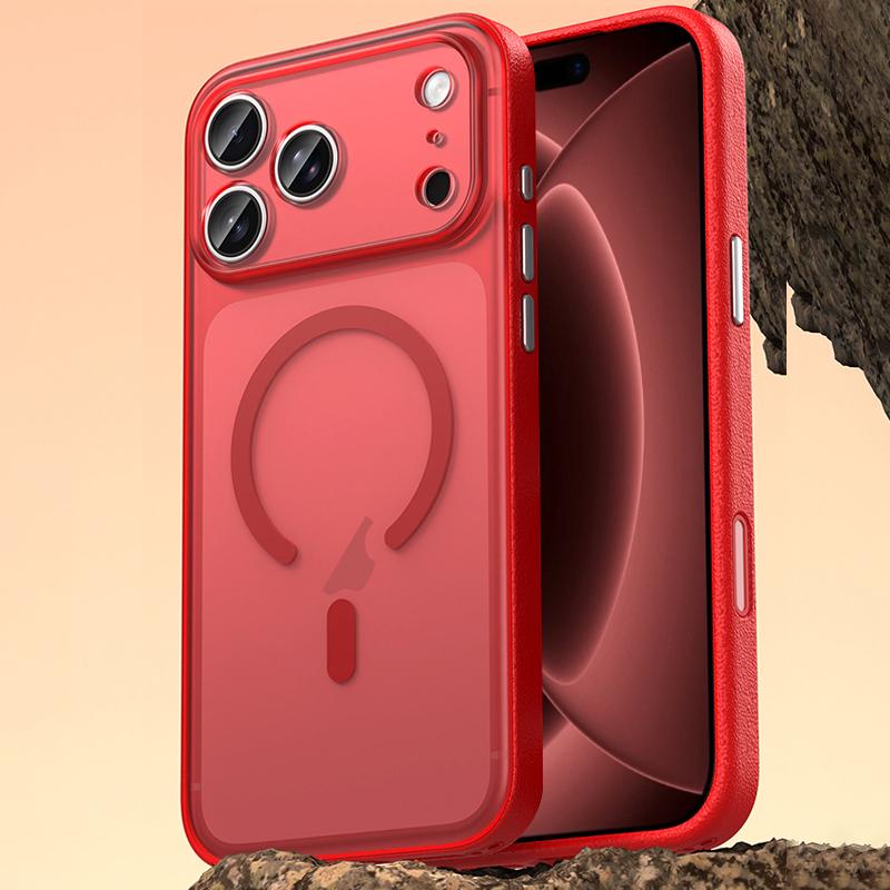 Compatible with iPhone 18 Pro Max Vegan Leather Magnetic Phone Case - Berry Red