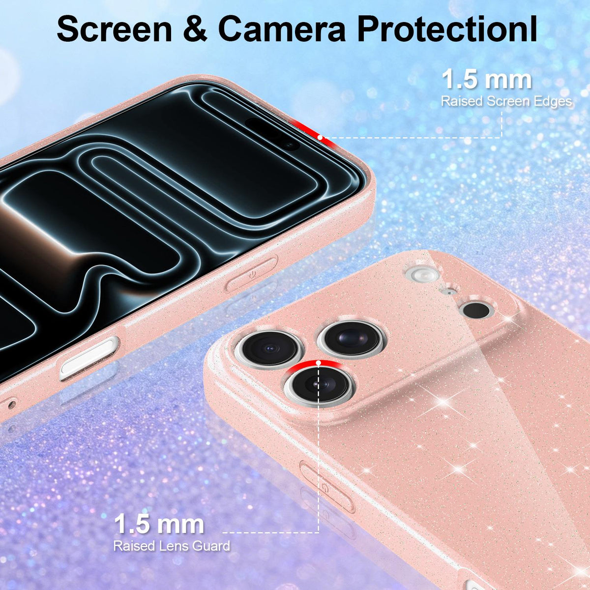 Compatible with iPhone 18 Pro Max Fine Hole Glossy Glitter Magnetic TPU Phone Case with Same Color Hand Strap - Pink