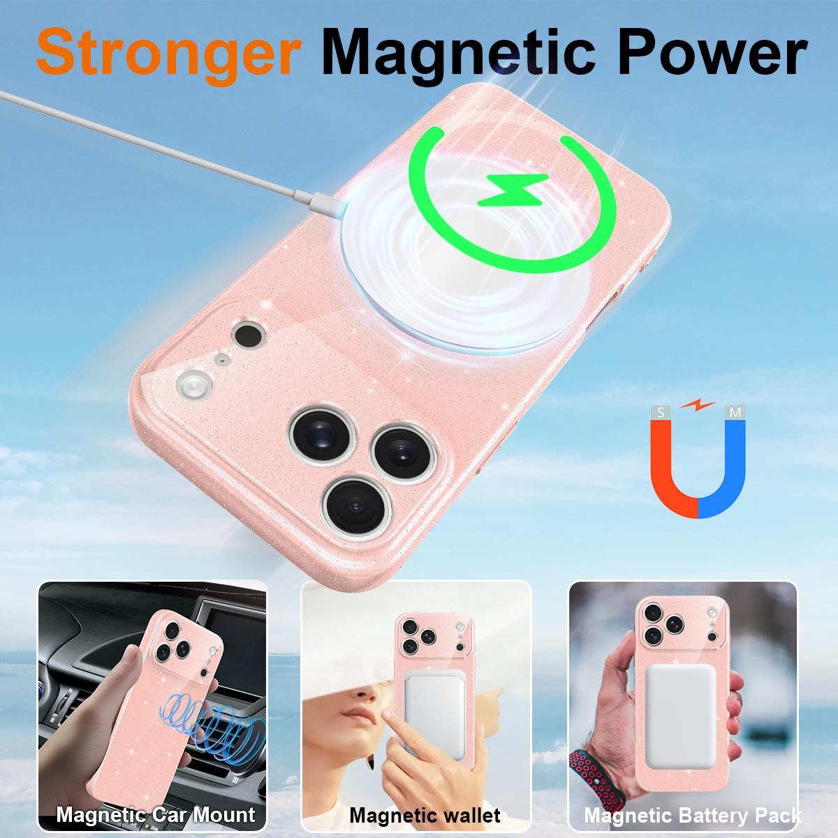 Compatible with iPhone 18 Pro Max Fine Hole Glossy Glitter Magnetic TPU Phone Case with Same Color Hand Strap - Pink