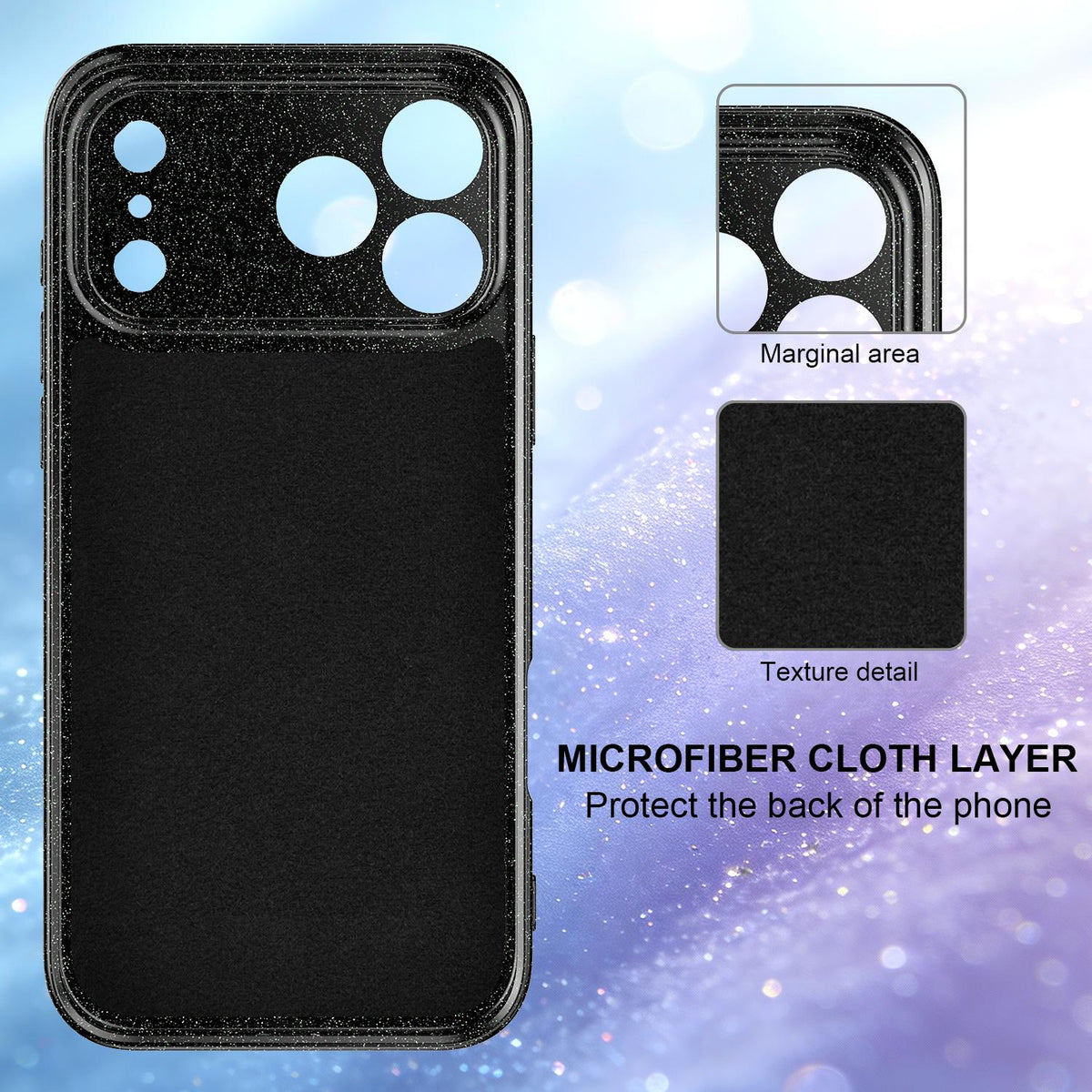 Compatible with iPhone 18 Pro Max Fine Hole Glossy Glitter Magnetic TPU Phone Case with Same Color Hand Strap - Black