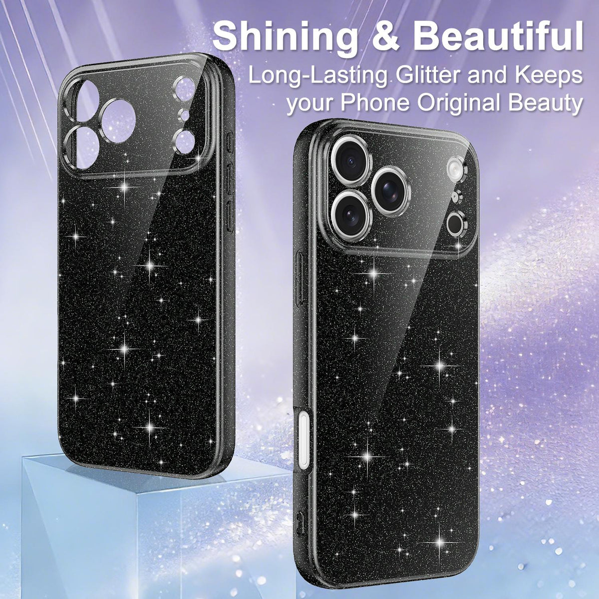 Compatible with iPhone 18 Pro Max Fine Hole Glossy Glitter Magnetic TPU Phone Case with Same Color Hand Strap - Black