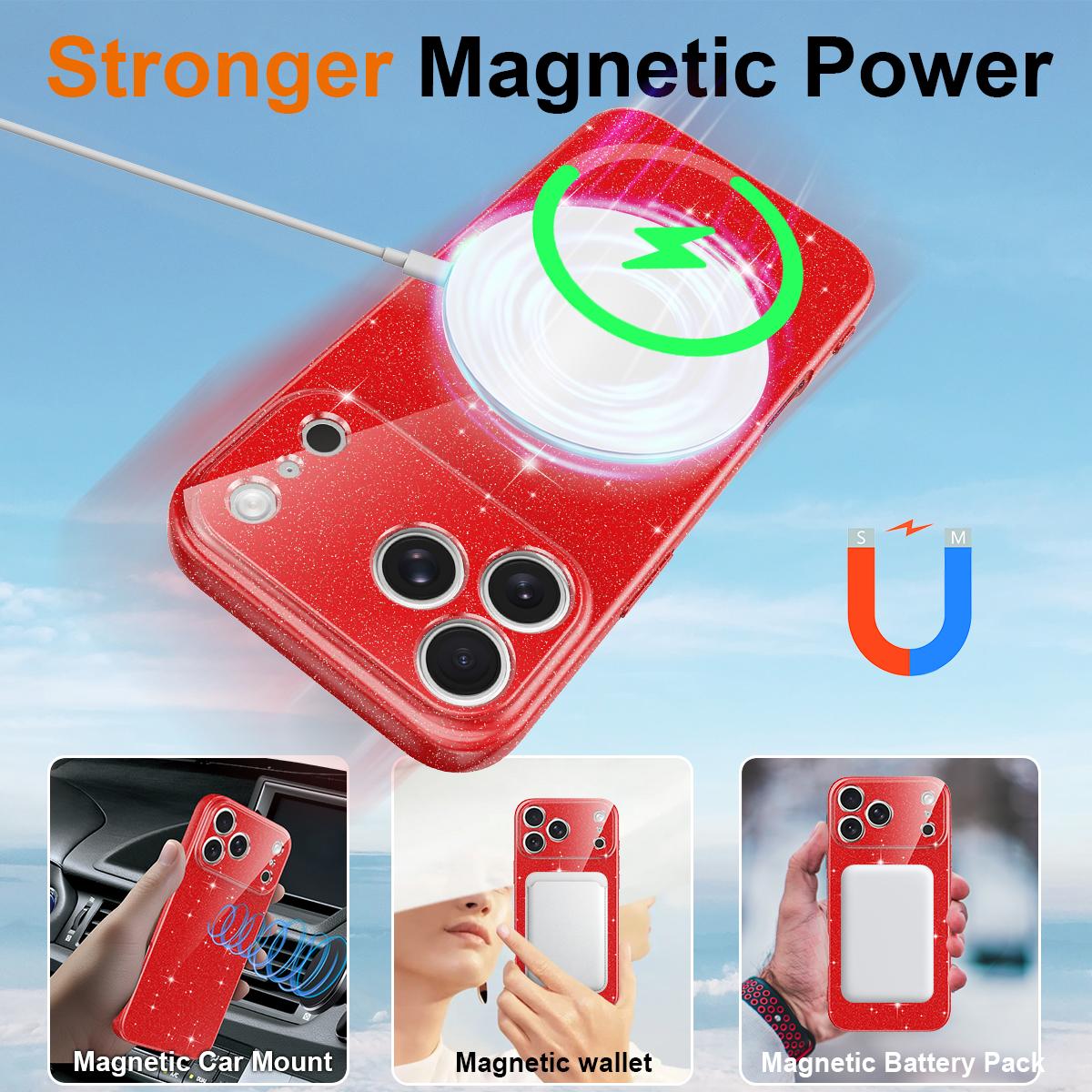 Compatible with iPhone 18 Pro Max Fine Hole Glossy Glitter Magnetic TPU Phone Case with Same Color Hand Strap - Red
