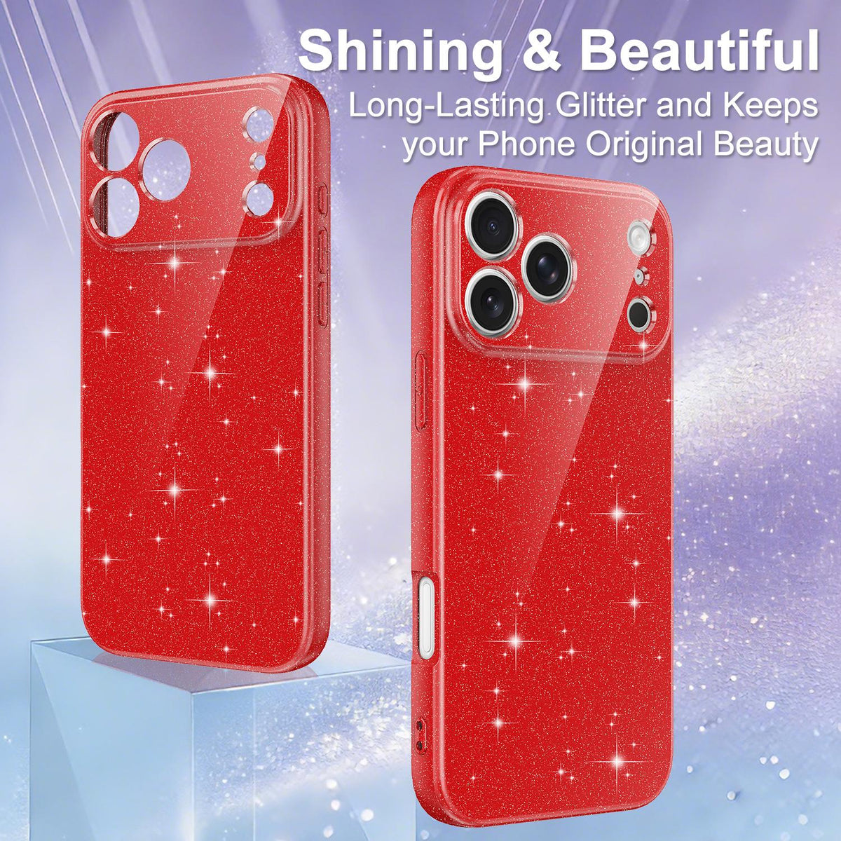 Compatible with iPhone 18 Pro Max Fine Hole Glossy Glitter Magnetic TPU Phone Case with Same Color Hand Strap - Red